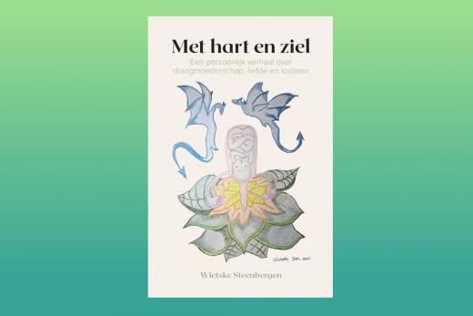 Voorkant boek met daarop een kind in een baarmoeder met daarom heen twee draken