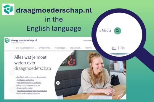 Draagmoederschap in the English language hoofdpagina website met vergrootglas in rechter bovenhoek van de Nederlandse Engelse knop