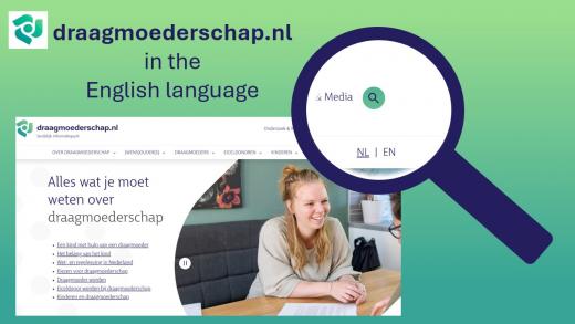 Draagmoederschap in the English language met een foto van de website in de rechter hoek een vergrootglas met de Engels Nederlandse knop vergroot
